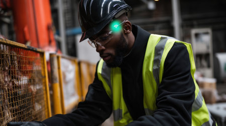 Worker in Action A focused worker wearing a LiFi badge performing a task in an explosionproof zone with the background showcasing safety barriers and equipment highlighting the environmenの素材