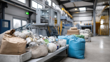 A side view of a robotic sorting workstation surrounded by piles of mixed recyclables showcasing the use of machine learning algorithms for accurate material detection and classificationの素材