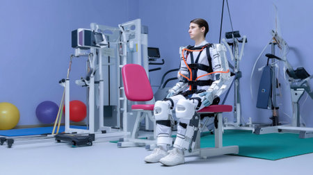 An exoskeleton suit is fitted on a patient seated in a rehabilitation facility with various physical therapy equipment in the background illustrating how modern technology is integrateの素材