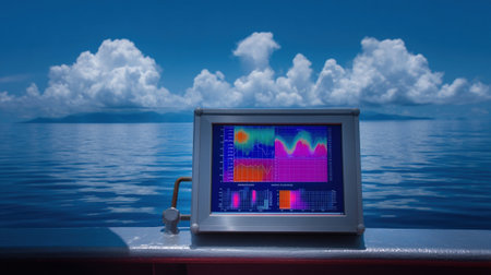 A digital display board on a research vessel monitoring data streamed from underwater buoys detailing coral bleaching events and changes in pH levels with an oceanic horizon in thの素材