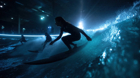 Surfers riding customshaped barrels with expressions of exhilaration seamlessly blending human skill and AGIengineered wave designs surrounded by a futuristic landscape of shimmerinの素材