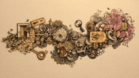 Symbolic Object Studies An arrangement of meticulously detailed illustrations of everyday objects such as bridges keys and locked boxes each filled with patterns that symbolize differenの素材