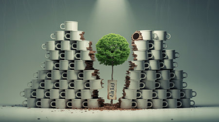 Surreal cityscape of coffee cups crumbling under natures forceの素材