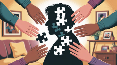 Family members helping aging parent with memory loss, dementia, or alzheimers diseaseの素材