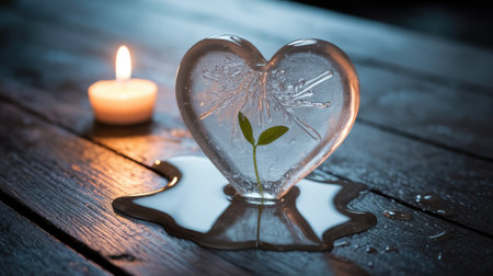 Melting ice heart with sprout symbolizing hope and renewalの素材