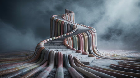 Surreal spiraling tower constructed from colorful tongues reaching the skyの素材