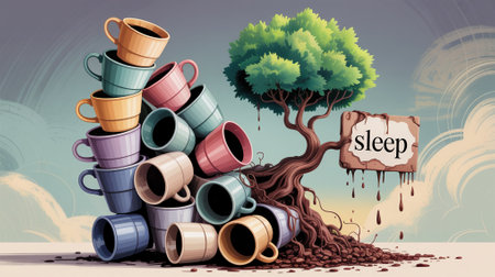 Coffee addiction preventing sleep deprived person from restingの素材