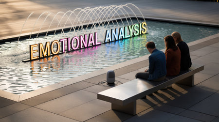 People observing emotional analysis in a modern public fountainの素材