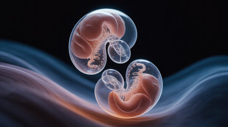 Two human embryos developing inside protective bubbles, scientific illustrationの素材