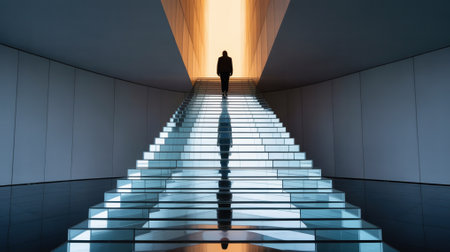 Person walking up glass staircase toward golden lightの素材