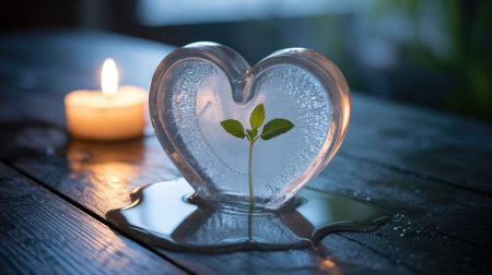 Melting ice heart with seedling symbolizing hope and rebirthの素材