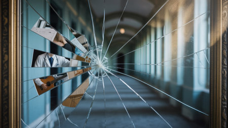 Cracked mirror reflecting corridor and fragmented career pathsの素材