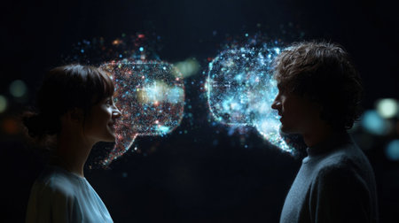 A vibrant interaction between two beings is captured as their words displayed within holographic speech bubbles shimmer and break apart into a cascade of light representing the seamlesの素材