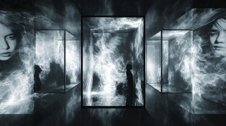 The Reflection Room A maze of mirrors that distort and amplify the digital self revealing unflattering ghostly reflections of social media personas. Each panel is surrounded by swirlinの素材