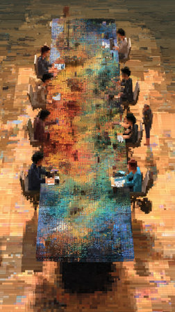 Hierarchy Unplugged A lively scene where pixelated avatars dynamically interact with human counterparts at a virtual table that merges digital and tangible elements. The table is rendereの素材