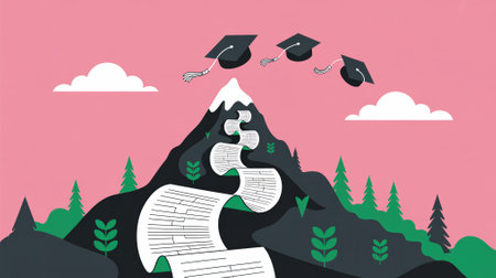 Steep mountain trail of student loan documents ends at summit where the paperwork transforms into graduation caps floating awayの素材