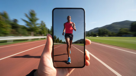 Smartphone showing augmented reality of a marathon runner jogging on a trackの素材
