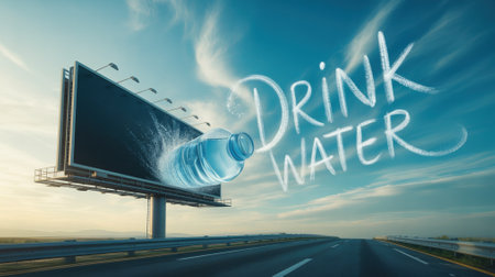 Plastic water bottle emerging from billboard promoting hydration on highwayの素材
