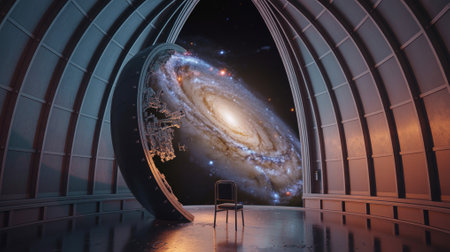 Giant telescope mirror replaced with shattered lcd screen showing spiral galaxyの素材