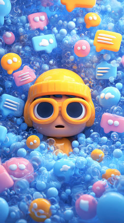 Young person drowning in social media notifications, struggling with information overloadの素材