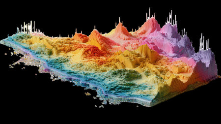 Colorful 3d model of mountain range representing satellite data on transparent backgroundの素材