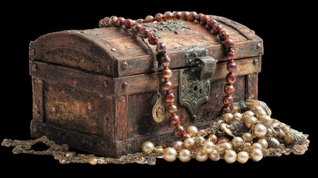 Old wooden treasure chest overflowing with jewelry on transparent backgroundの素材