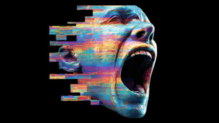 Glitched human head screaming with transparent backgroundの素材