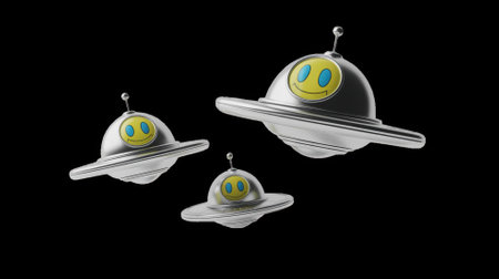 Three ufos with smiley faces flying on transparent backgroundの素材