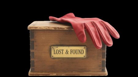 Red leather glove resting on lost and found box with transparent backgroundの素材