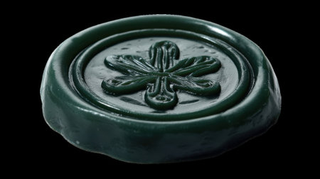 Dark green wax seal showing embossed floral symbol on transparent backgroundの素材