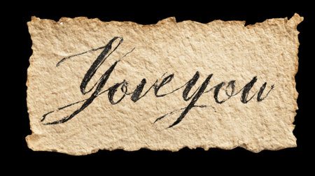 Handwritten love you message on torn parchment paper with transparent backgroundの素材