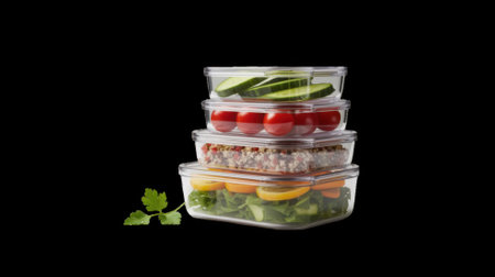 Stack of meal prep containers holding healthy food on transparent backgroundの素材