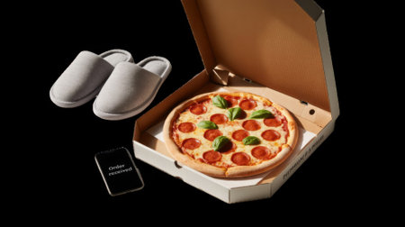 Delicious pepperoni pizza delivered at home with slippers and smartphone showing order receivedの素材