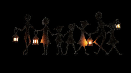 Happy family walking at night holding illuminated lanterns on transparent backgroundの素材