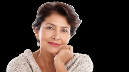 Smiling hispanic senior woman posing with hand on chin on transparent backgroundの素材