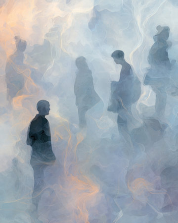 Foggy Communication An ethereal depiction of team members trying to communicate amidst swirling fog. Soft muted colors and wispy lines create a sense of confusion representing the challengeの素材