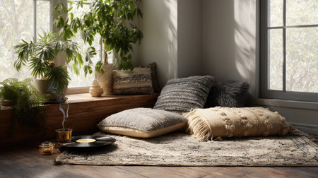 In a sundrenched corner a wellworn rug cradles pillows of various sizes inviting comfort and repose. A record spins its mellow tones echoing softly against the walls. Fragrant incensの素材