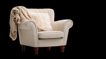 Comfortable armchair with soft blanket and cushion on transparent backgroundの素材