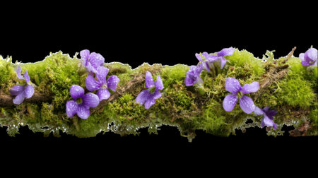 Layer of soft green moss intertwined with purple violets on transparent backgroundの素材