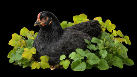 Black australorp hen resting in lush green foliage on transparent backgroundの素材