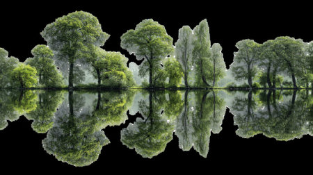 Lush green trees reflecting in a glassy lake with transparent backgroundの素材