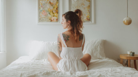 Sensual woman sitting on bed in white lingerie showing tattoo on backの素材