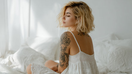 Sensual blonde woman relaxing in bed with tattoos showingの素材