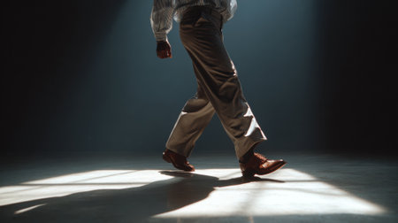 Businessman walking in cinematic lighting with long shadowの素材