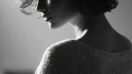 Cinematic portrait of woman wearing knit sweater with dramatic lightingの素材