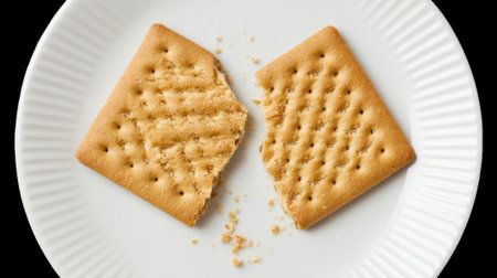 Graham cracker split in half on white plate with transparent backgroundの素材