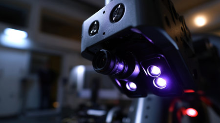 Closeup view of the advanced multispectral vision system mounted on the autonomous robot showcasing multiple lenses capturing wavelengths to enhance detection accuracy in realtimeの素材