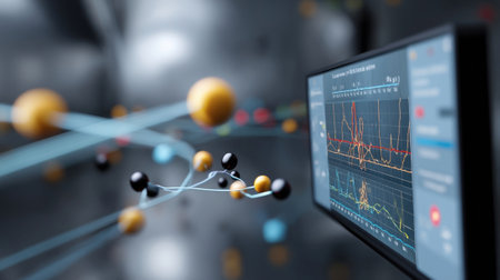 Closeup of a digital interface displaying realtime data and graphs related to antimatter atom behavior with laser beams visibly manipulating a in the backgroundの素材