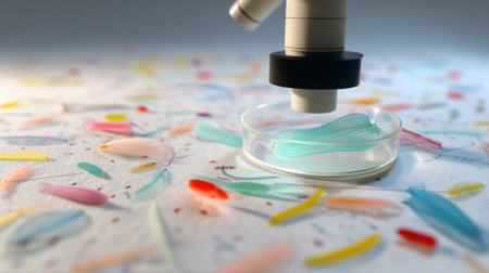 Closeup view of a foldoscope positioned over a petri dish showcasing a colorful swarm of various plankton species with notes and diagrams tered around the workspace for referencinの素材