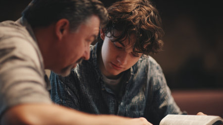 Closeup of a missionary mentoring a young adult from a disadvantaged community, providing guidance and support for personal and spiritual growthの素材